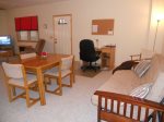 The downstairs also has a card/game table, writing desk, wireless internet access and Queen sized futon sleeper.  